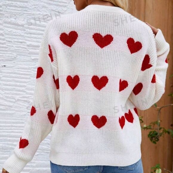 SHEIN Relaxiva Women's Heart Pattern Drop Shoulder Long Sleeve Cardigan NWOT - Picture 2 of 5